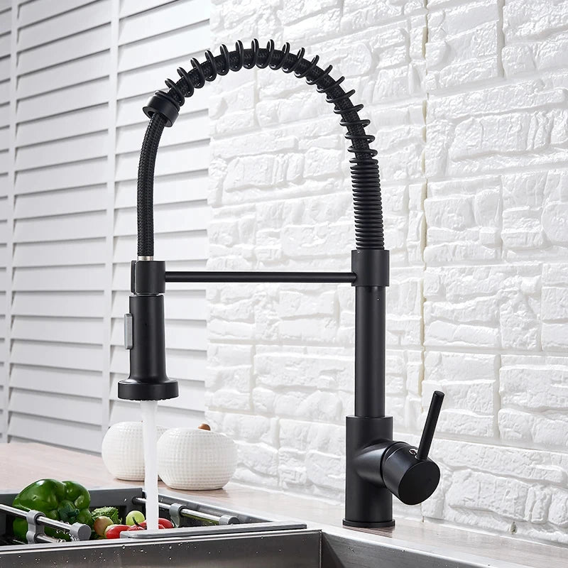 Black kitchen faucet, stainless steel mixer faucet, 360-degree rotating spray nozzle, kitchen sink, hot and cold water faucet.