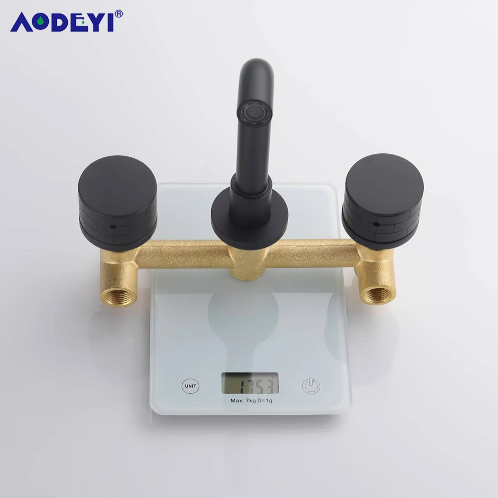 Black Bathroom Faucet Brass Double Lever Wall Mounted Sink Faucets Hot Cold Water Polished Taps Basin Mixer Brushed Gold Tap Set