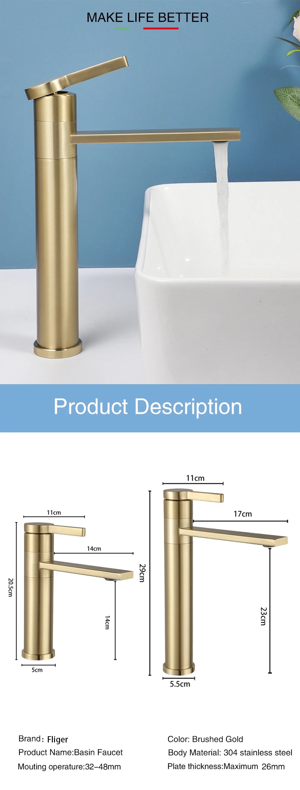 Fliger Tall Basin Faucet Brushed Gold Bathroom Sink Faucet Countertop Sink Faucet Hot Cold Bathroom Faucet 360° Rotating Mixer