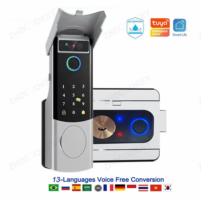 Tuya WiFi APP Double-Sided Fingerprint Smart Lock Waterproof Gate Iron Door RFID Digital Face Recognition Lock Video Intercom