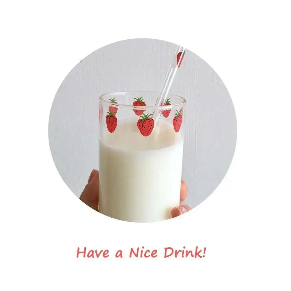 300ml 10oz High borosilicate Nana Cute Strawberry Water Milk Drinking Glasses Cup With Straw