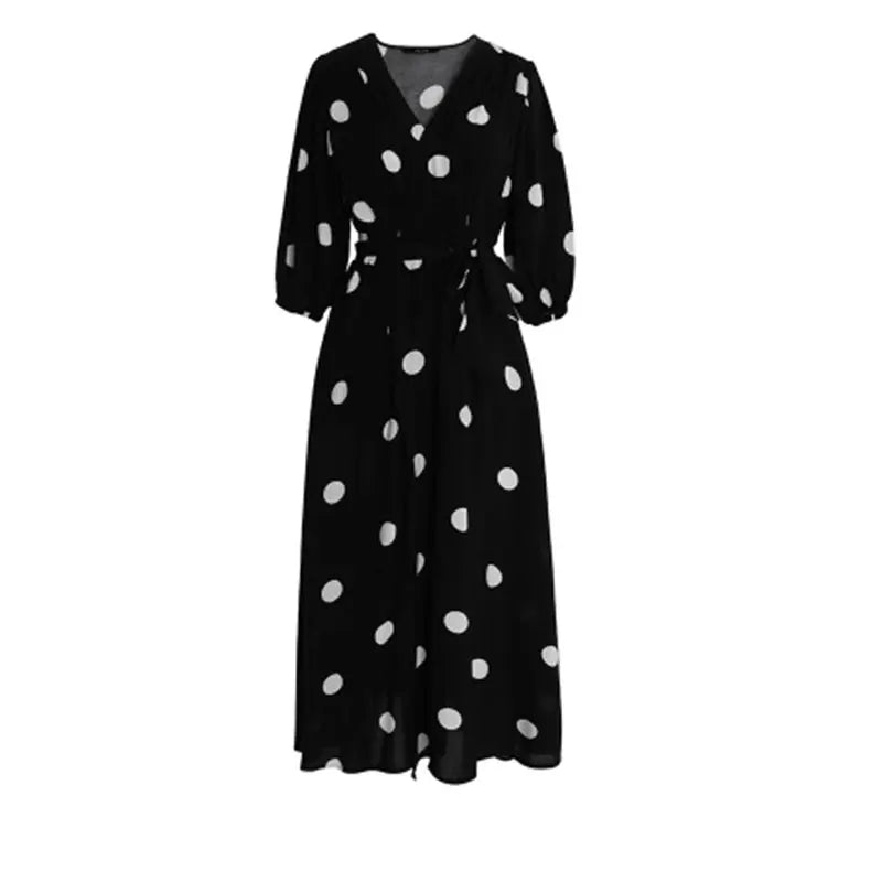 plus Size Polka Dot Chiffon Dr Romantic Slimming Long Skirt V Ne Elastic Waist Summer Faionable Casual Vintage Sle