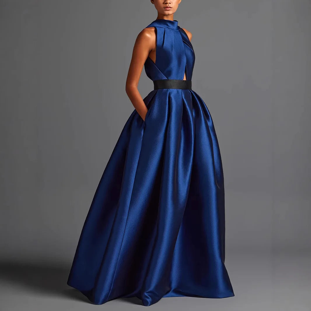 2026 Elegant Halter Satin Party Dresses for Women Spring Sexy Draped Solid Slim Long Dress Woman Hollow Out Pocket Evening Dress