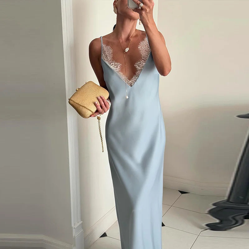 Elegant Women's Stain Lace Sling Long Dress Loose Sleeveless V-neck Backless Solid Dresses 2026 Spring Summer Lady Party Robes