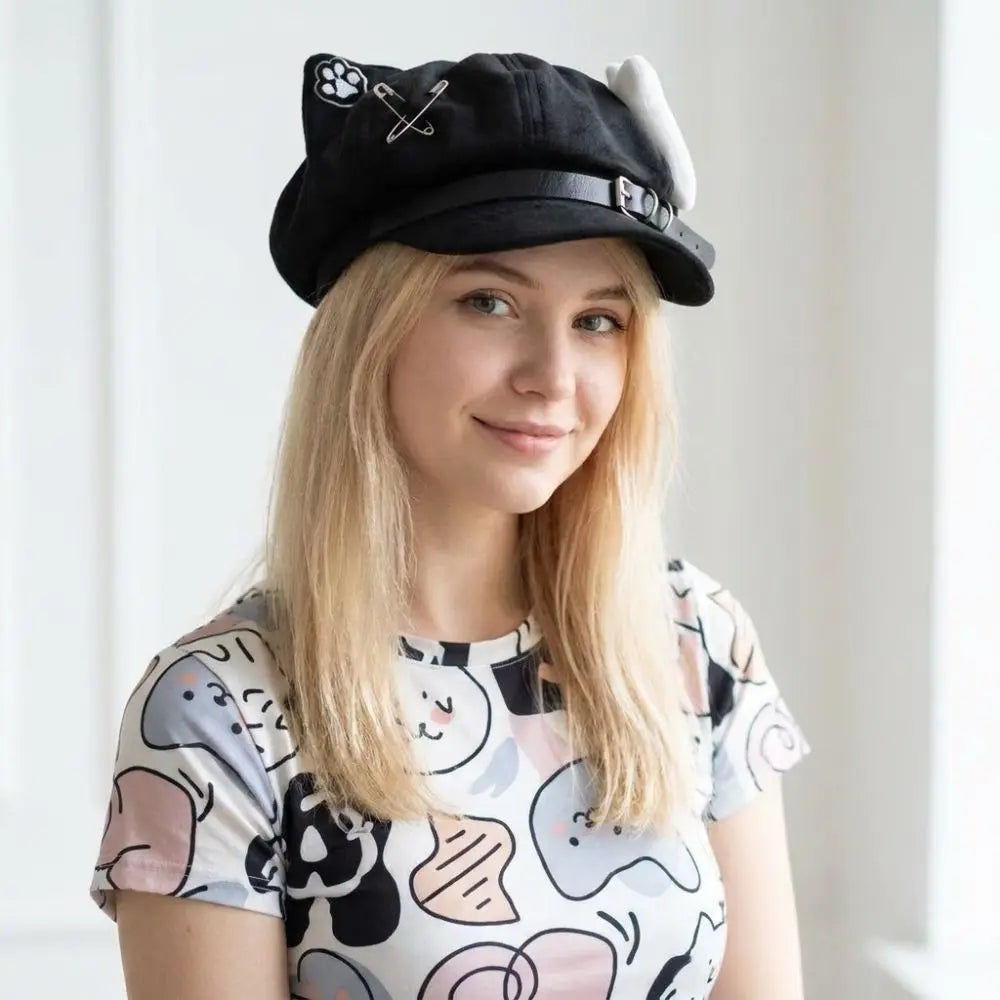 Cute Cat Ears Women's Beret Anime Cat Paw Pattern Newsboy Cap Japanese Style Sweet Baseball Cap Everyday Outfits
