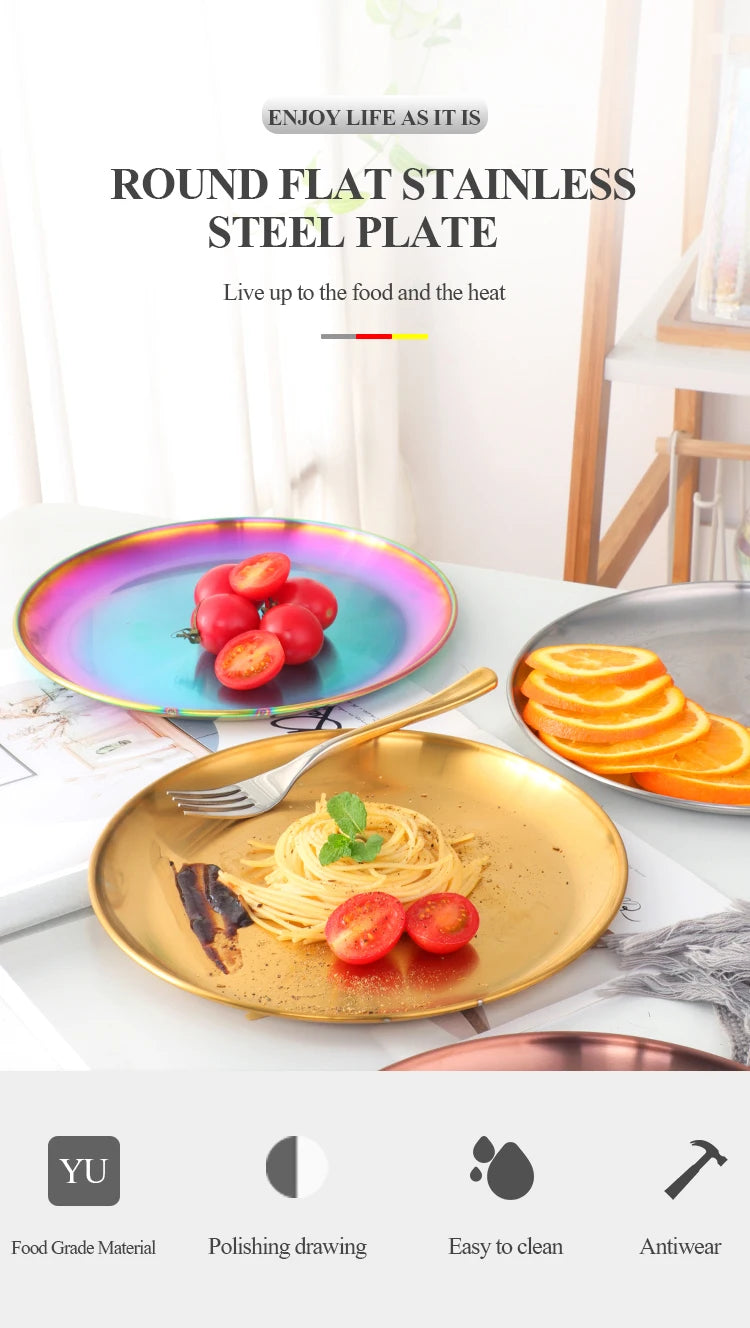 Stainless Steel Dinner Plates European Style Dessert Plate Kitchen Serving Dishes Salad Plate Cake Tray Western Steak Round Tray