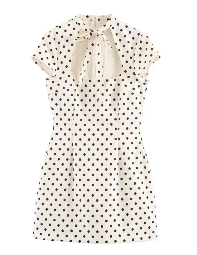 Elegant Lace-up Polka Dot Mini Dress Lady Chic Short-sleeved Waist Cinching Slim A-line Vestidos 2026 Women Evening Party Gowns