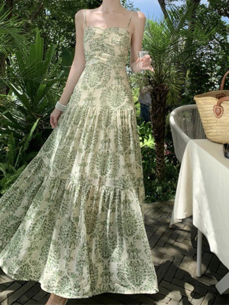 Dress Women Sling Dresses A Line Print Floral Pleated Sleeveless Backless Slim Fit Tight High Waist Long Vestidos Elegant Splice