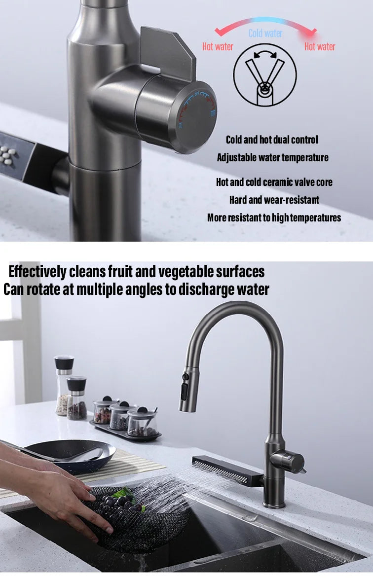 304 Stainless Steel Kitchen Faucet with Waterfall Sink Countertop Installation Hot Cold Mixer 360° Rotation for Kitchen