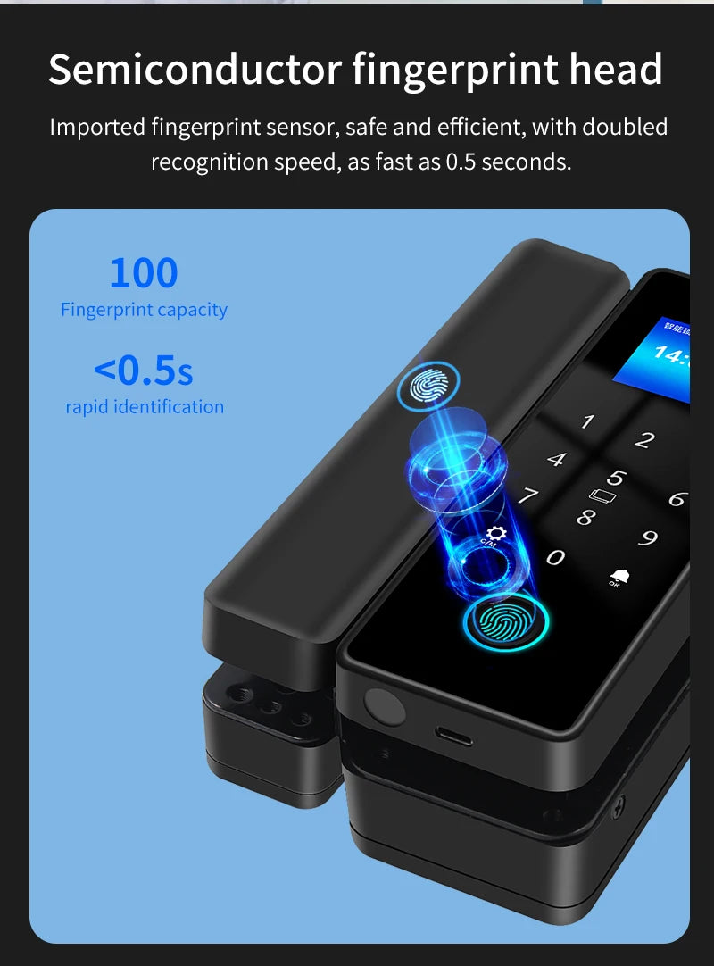 3D Face Tuya Wifi Electronic Smart Glass Door Lock With Biometric Fingerprint/RFID Card /Password Unlock/USB Emergency Charge