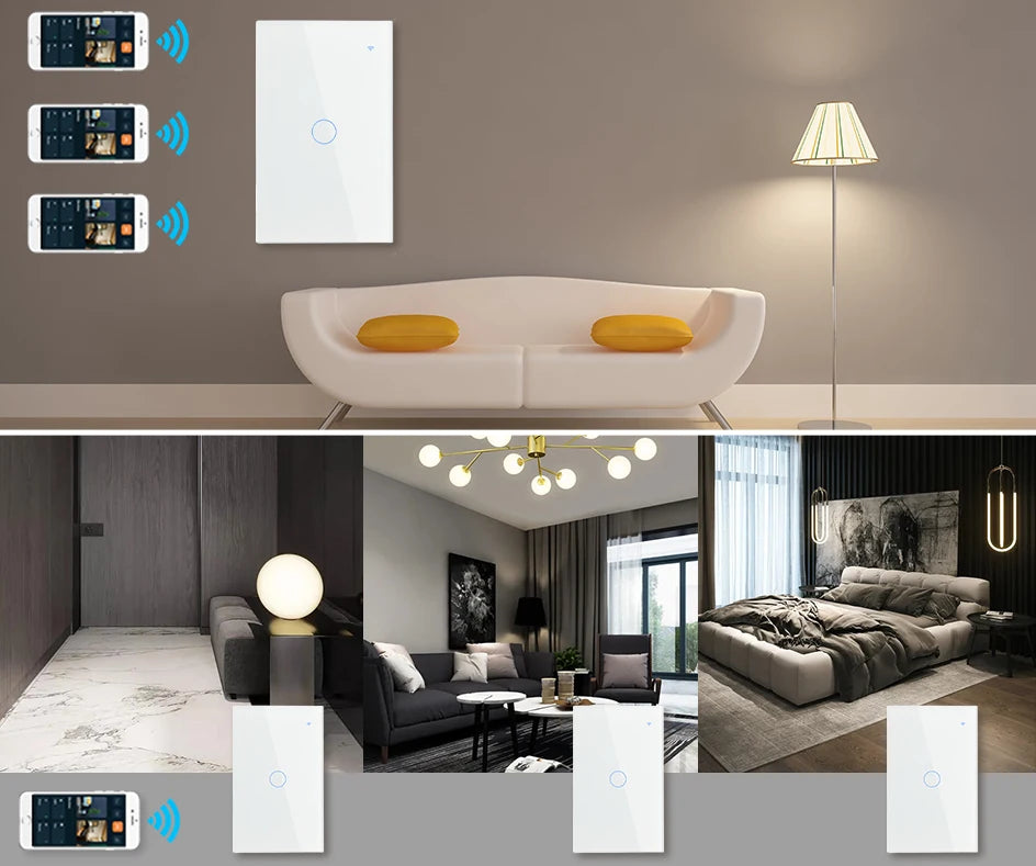 2 3 4 Gang 2 3 Way US Tuya Smart Wall Touch Light Switch for LED with No Neutral WiFi Glass Australia Brazil Android RoHS Alexa