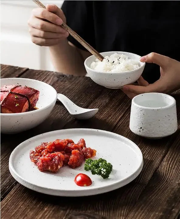 Japanese-style Tableware Set Bowls and Plates Round White Ink Point Dinner Plates Home Creative Western Dishes Dinner Plates