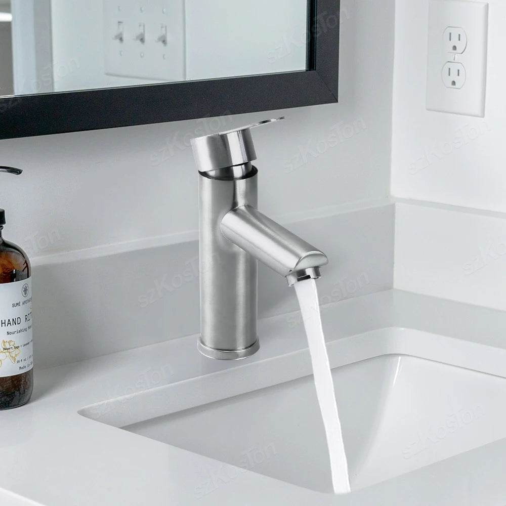 Bathroom Faucet Hot Cold Sink Faucet Single Hole Round/Square Stainless Steel Tap Deck Mounted Bathtub Counter Basin Faucet