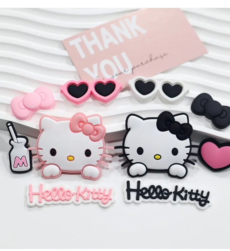 Pink & Black Relaxed Hello Kitty Cat Shoe Charms Set Cute Cat Shoe Flower Accessories For Sandals Female Girls' DIY  Decoration
