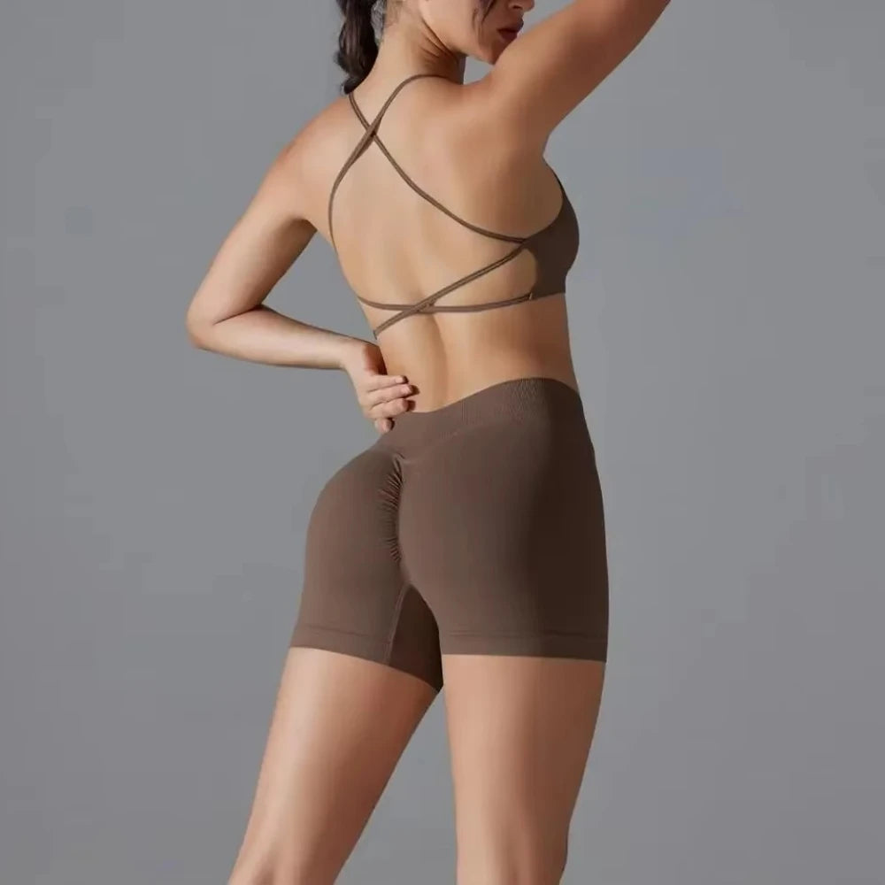 Women's Seamless Solid Color Cross Back High Elasticity Tight and Sexy Sports Bra Yoga Suit Set, Running and Fitness Two Pieces