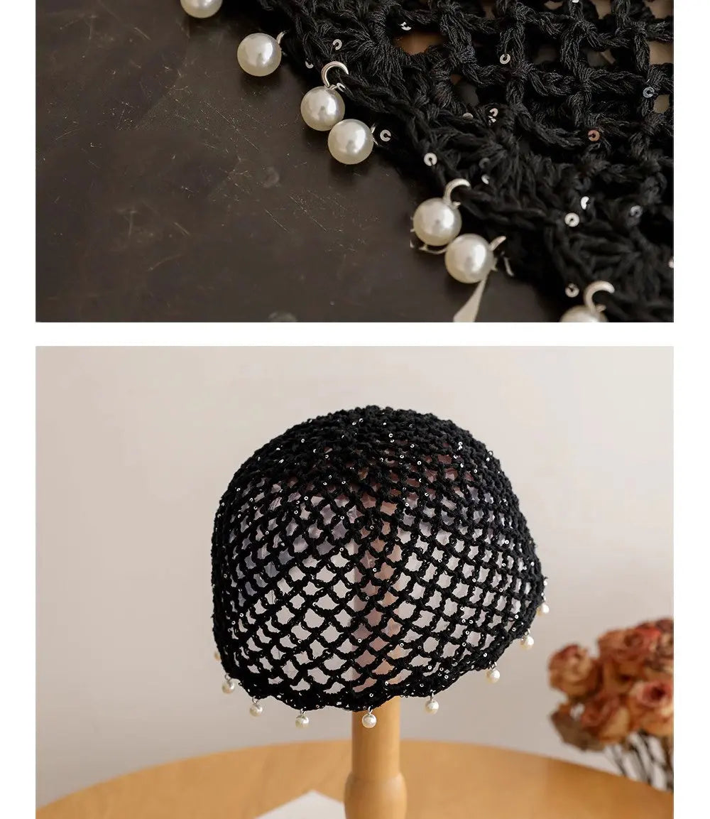 Fashion Hollowed Out Woven Pullover Hats Crochet Breathable Beret Cap Pearl Fringed Retro Beanies Cap for Women Summer Korean