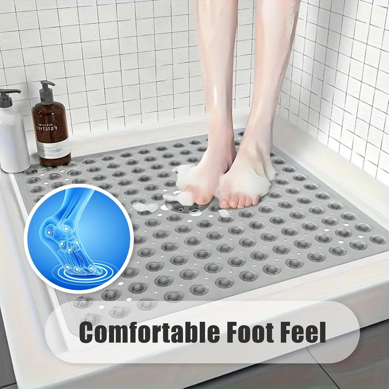 Square Shower Mat Bathtub Mat Non Slip 53x53cm, Square Bath Mat for Inside Shower Tub, Shower Stall Mats for Bathroom Floor