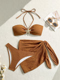 2025 New Bandeau Bikini Set Female Ribbed Swimsuit Women Swimwear 3 pieces Bikinis Bather Bathing Suit Biquini