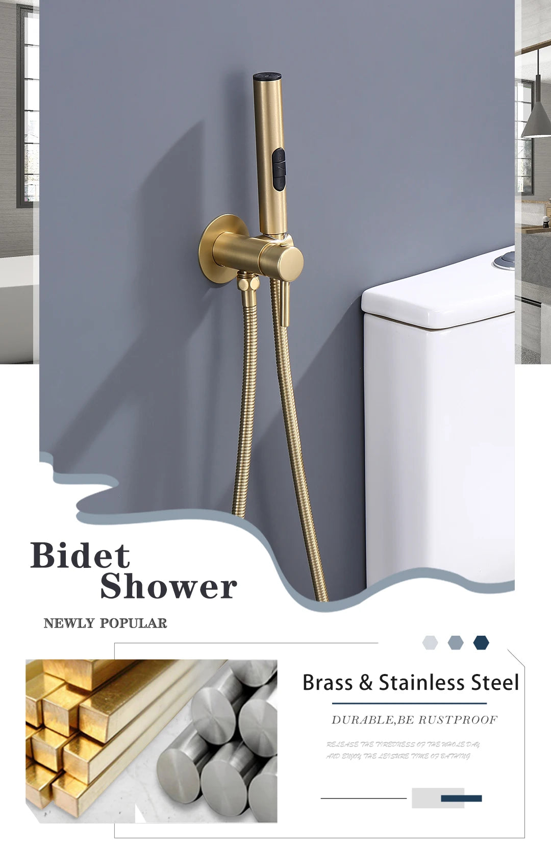 Brass Bidet Faucet 304Stainless Steel Portable Toilet Bidet Sprayer Set Toilet Faucet Hygienic Shower Hot Cold Water Shoer Head