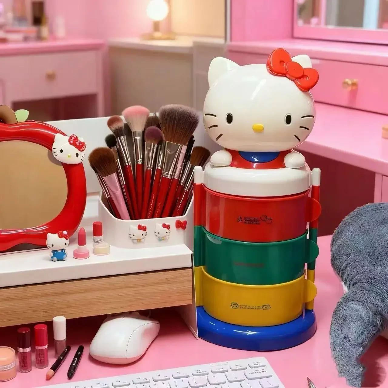 Hello Kitty Organizer Box Kawaii Rotating Storage Box Cute Makeup Holder Three Layer Desktop Organizer