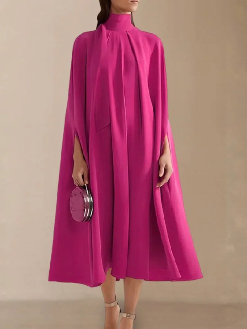 Women Elegant Solid Color High-Neck Party Evening Dresses 2025 New Spring Batwing Sleeves Lace-Up Banquet Robe Vestido