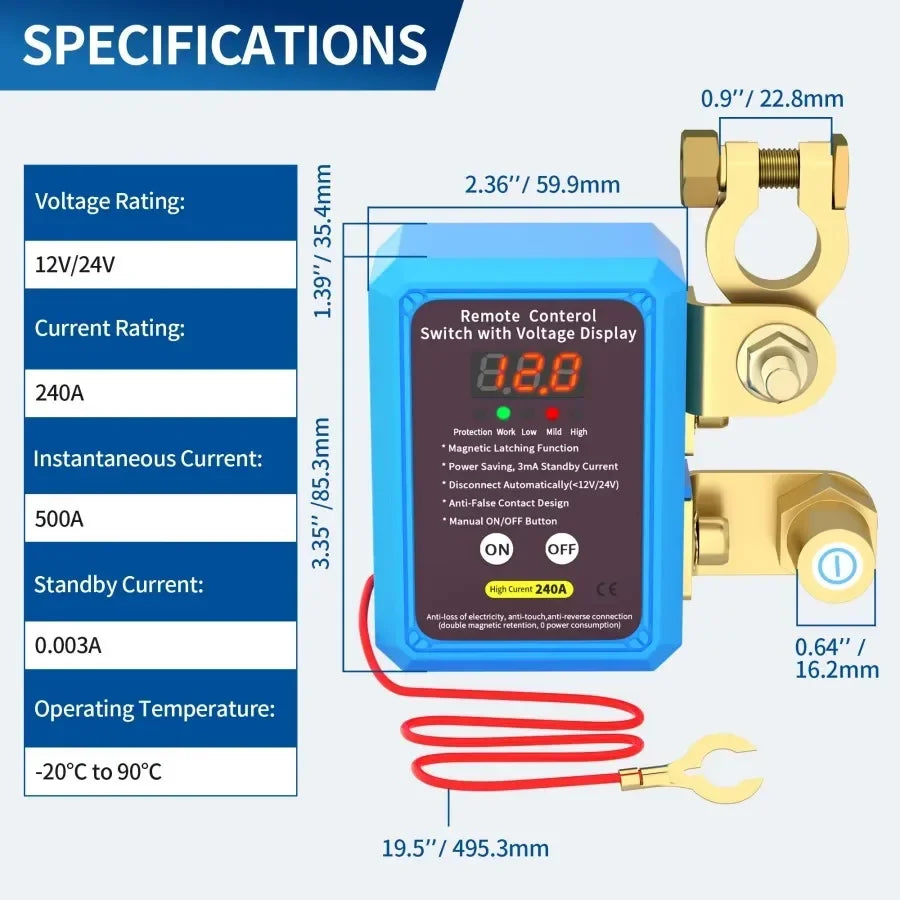 Auto Battery Master Switch with Remote, 240A Kill Switch 12V Remote Battery Disconnect Switch with Led Voltage Display Automatic