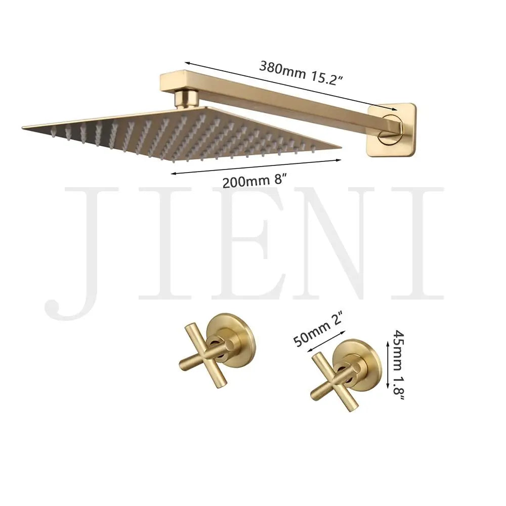 JIENI 8 Inch Brushed Gold Rainfall Shower Faucet Sets Wall Mounted Bathroom Round & Square Head 2 Handles Control Mixer Shower