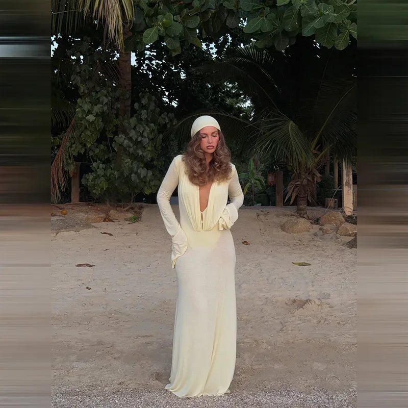 Luxury See Through Mesh Bodycon Maxi Dress For Women Lady Long Flared Cuff Deep V Neck Pleated Beach Holiday Evening Party Gown