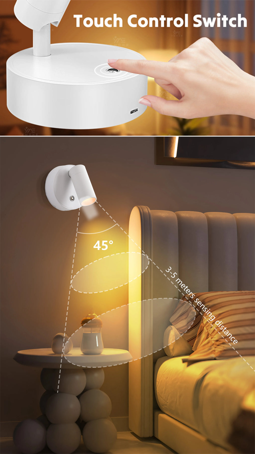 Dual Intelligent Control LED Light Magnetic USB Rechargeable Wall Lights Spotlight Stepless Dimmable Corridor Lamp Bedside Lamp