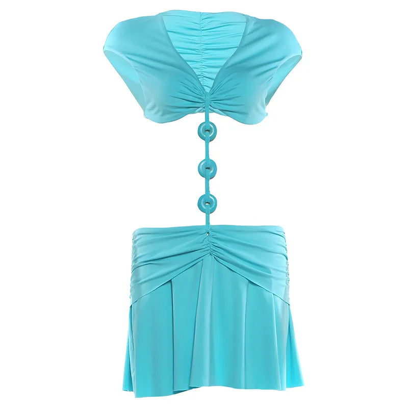 Blue Deep V Waist Cut Out Mini Dress Three Ring Connector O Ring Detail Ruched Sexy Beach Music Festival