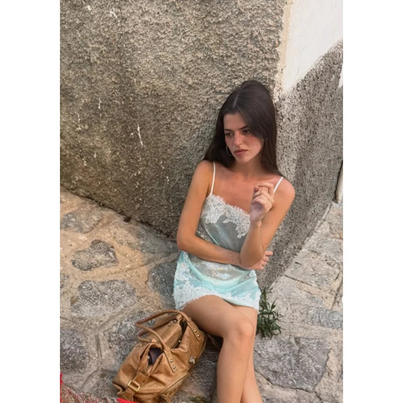 Women Chic Sequin Spaghetti Strap Mini Dress Lightweight Sexy Lace Trim Slimming Sleep Dresses 2026 Summer Beach Vacation Wear