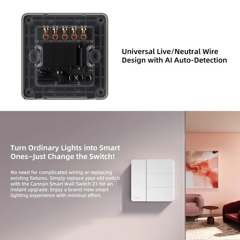 Aqara Z1 Smart Wall Switch ZigBee 3.0 More Control Switch Single Live/Neutral Wire Key Light Button for Smart Home HomeKit APP