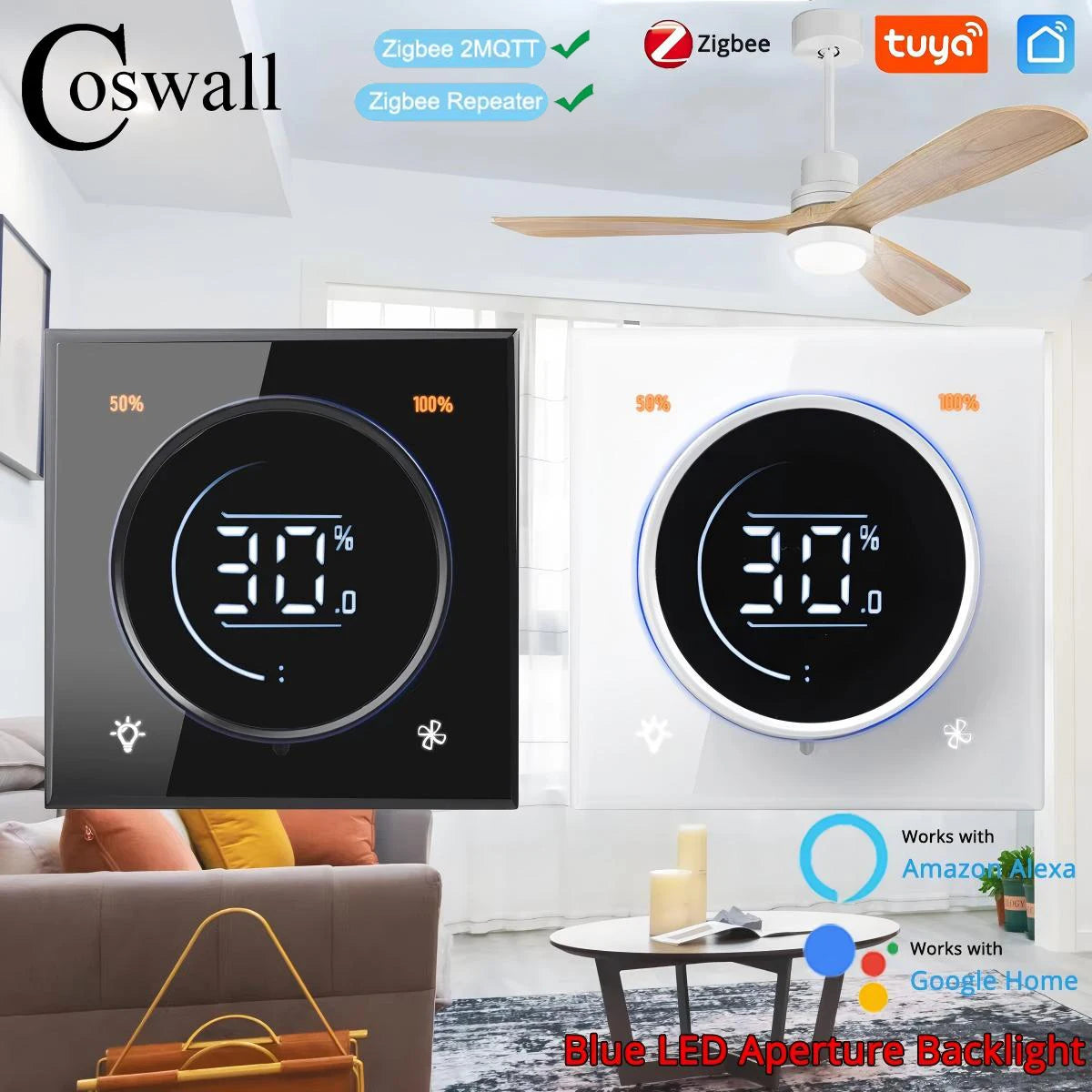 Glass Panel Wifi/Zigbee2MQTT Smart Light Switch With Knob Fan Controller 300W Max.  Digital LCD For Ceiling Fan Lamp