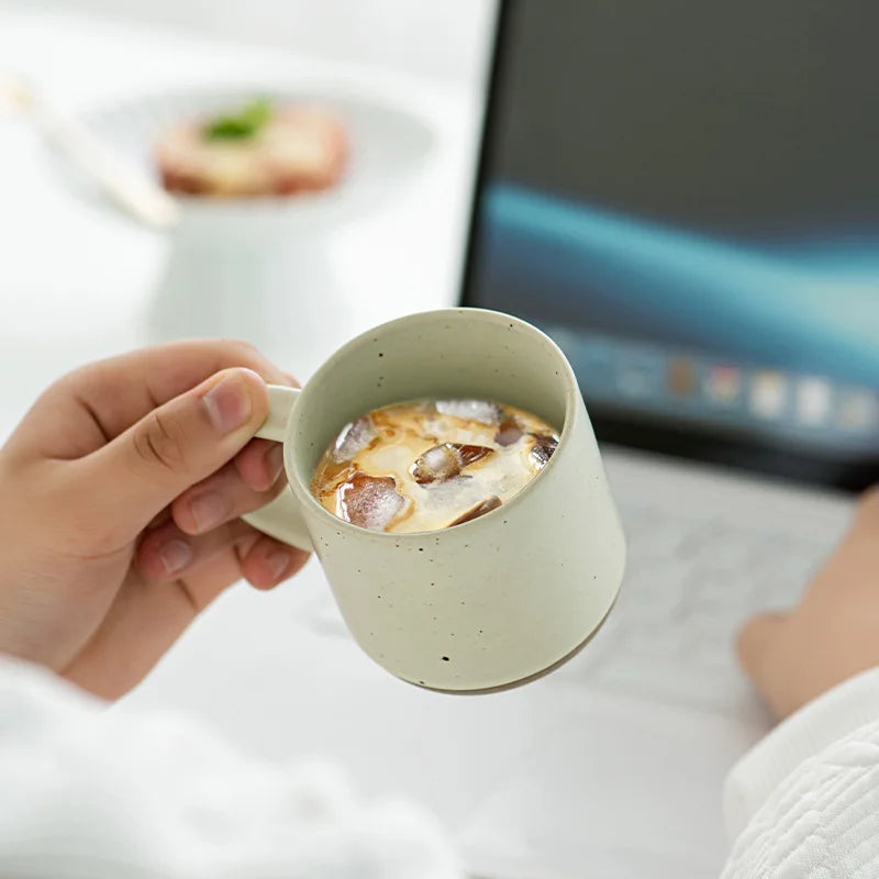 Custom Modern Design White Small Frosted Ceramic Tumblers Unglazed Base Speckled Coffee Mug With Handle Speckled Ceramic Mug