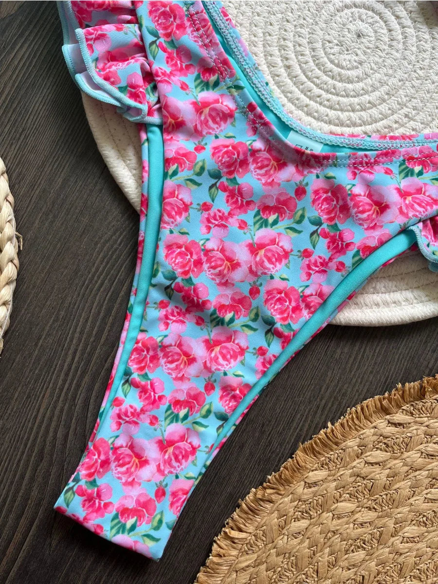 Bikini Set Women's Ruffle Flower Print Sexy 2 Pieces Swimsuit Triangle Strapless Backless Thong Beach Bathing Suit 2025 New