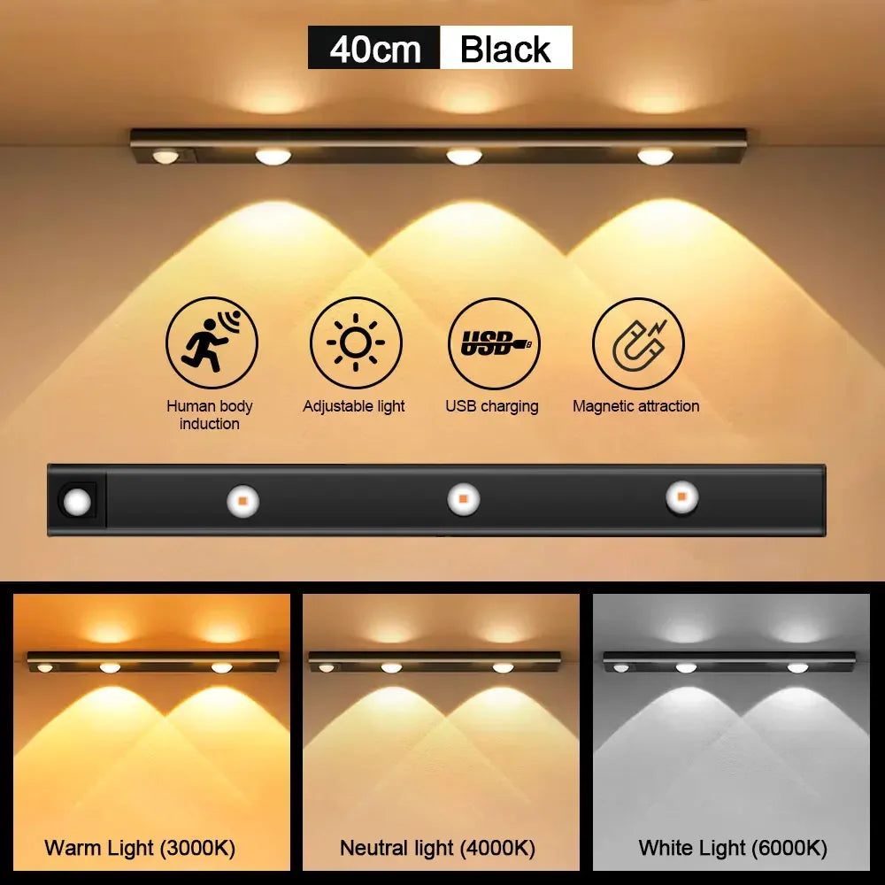 White/Black LED Cabinet Light USB Rechargeable Motion Sensor LED Light for Kitchen Wardrobe Cabinet Lighting 20CM/30CM/40CM/50CM