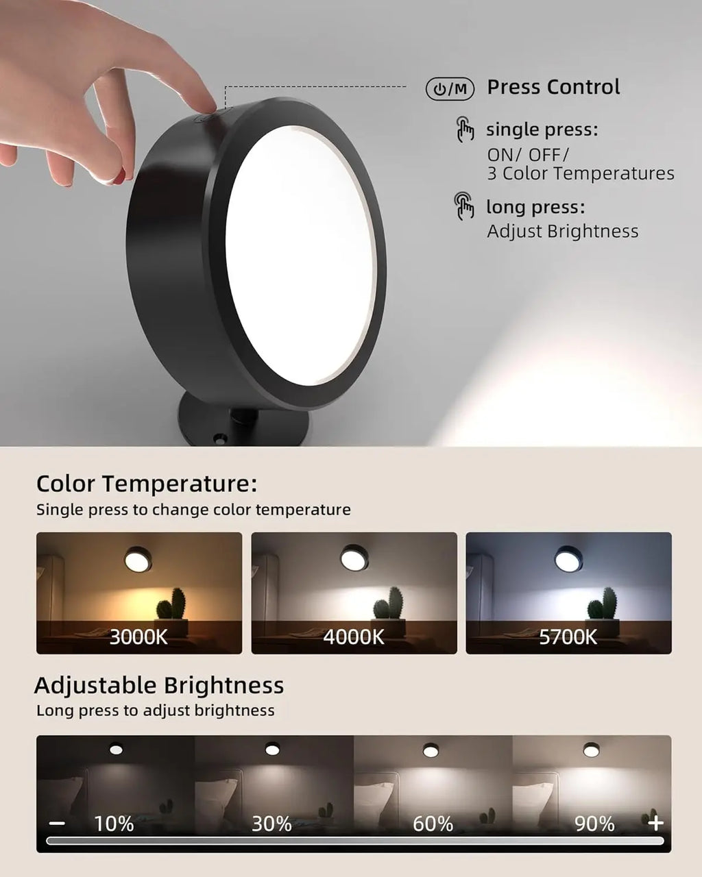 LED Wall Sconces light, 3 Brightness Levels 3 Color Modes Wall Lights Battery Operated 360° Rotatable Touch Control Wall lamp