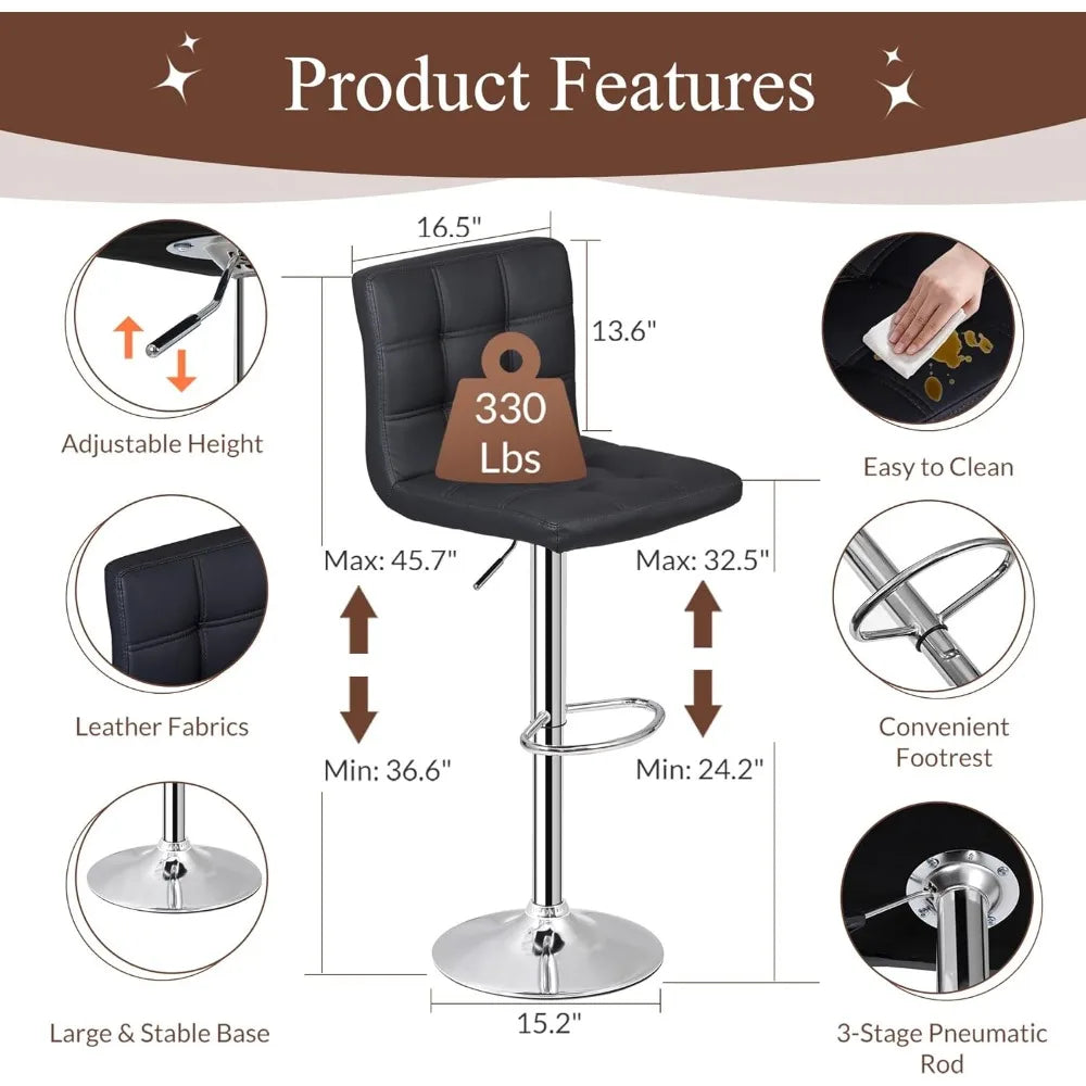 Set of 4 Adjustable Swivel Barstools, Modern PU Leather Kitchen Counter Bar Stools, Square Back Bar Stool Customized