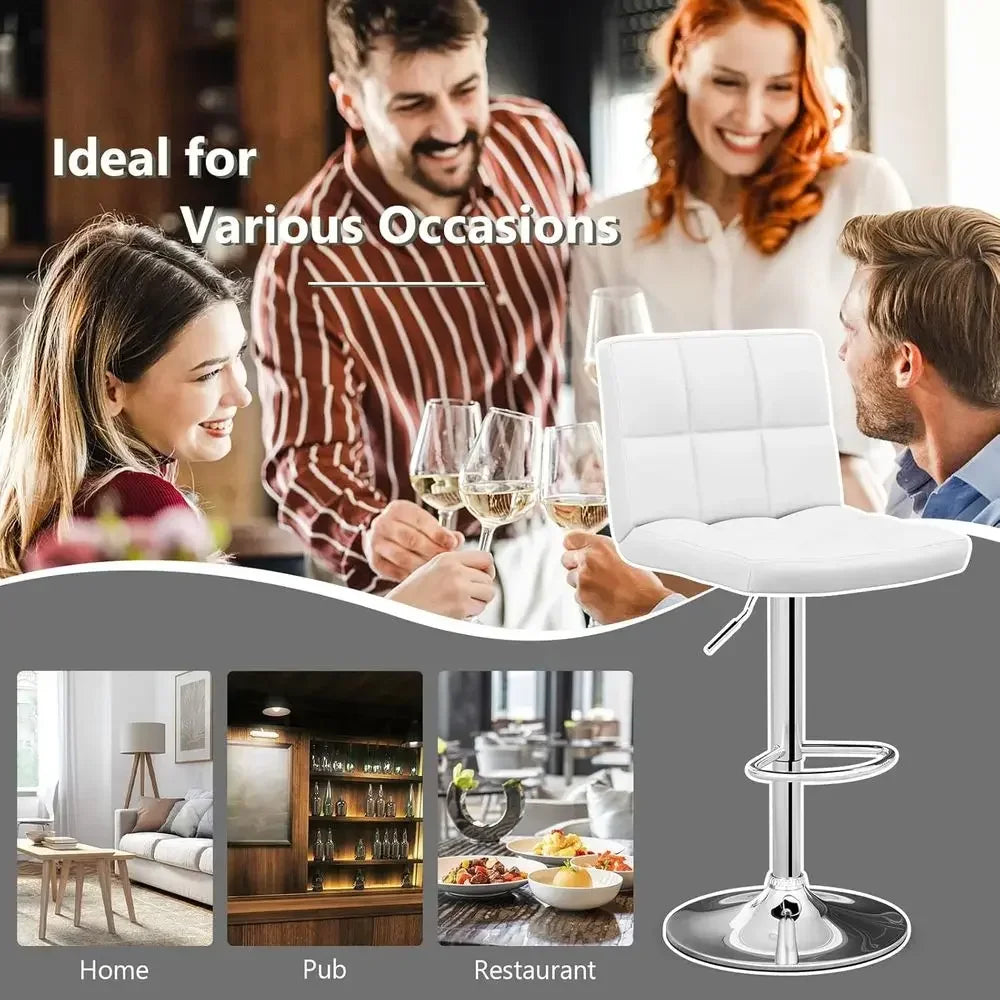 Set of 2 Adjustable Swivel Bar Stools with Backrest and Footrest, White Leatherette, Suitable for Kitchen Island or Home Bar