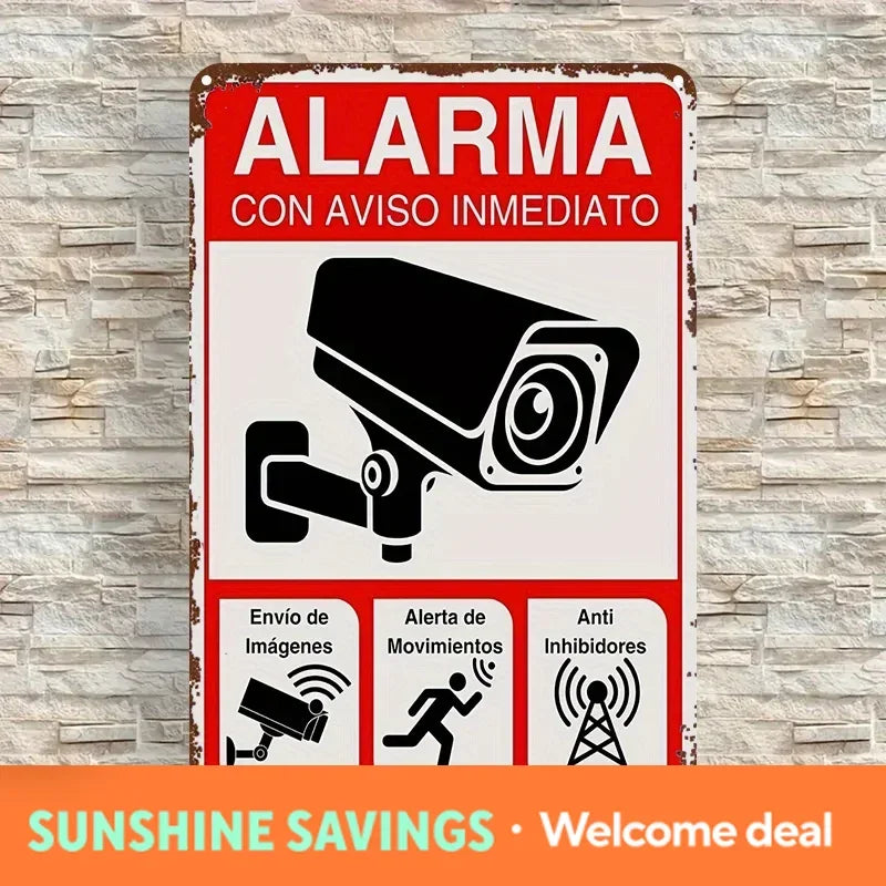 Security Camera Alarm Sign - Spanish Text Surveillance Plaque (ALARMA CON AVISO INmediato), Red/Black Security Camera Graphic