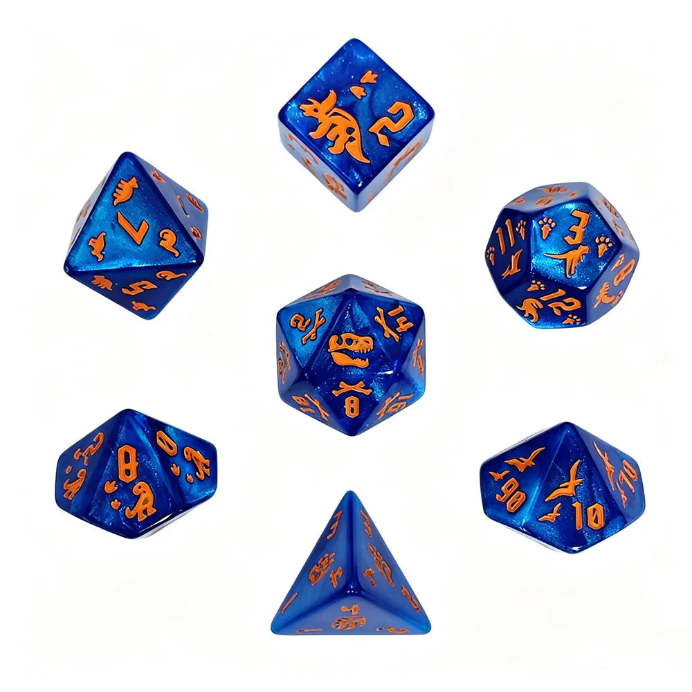 7Pcs Jurassic Ocean Blue Dinosaur Engraved Dice Set, Polyhedral Acrylic DND Dice for TTRPG RPG Board Games & Role Playing