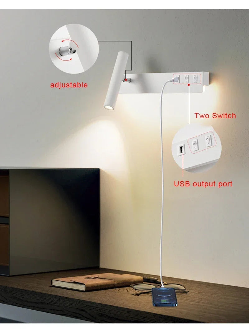 Led Wall Lights With Switch USB Rotatable Adjustable Reading Spotlight Bedroom Bedside Foyer Corridor Indoor Decor Wall Lamp