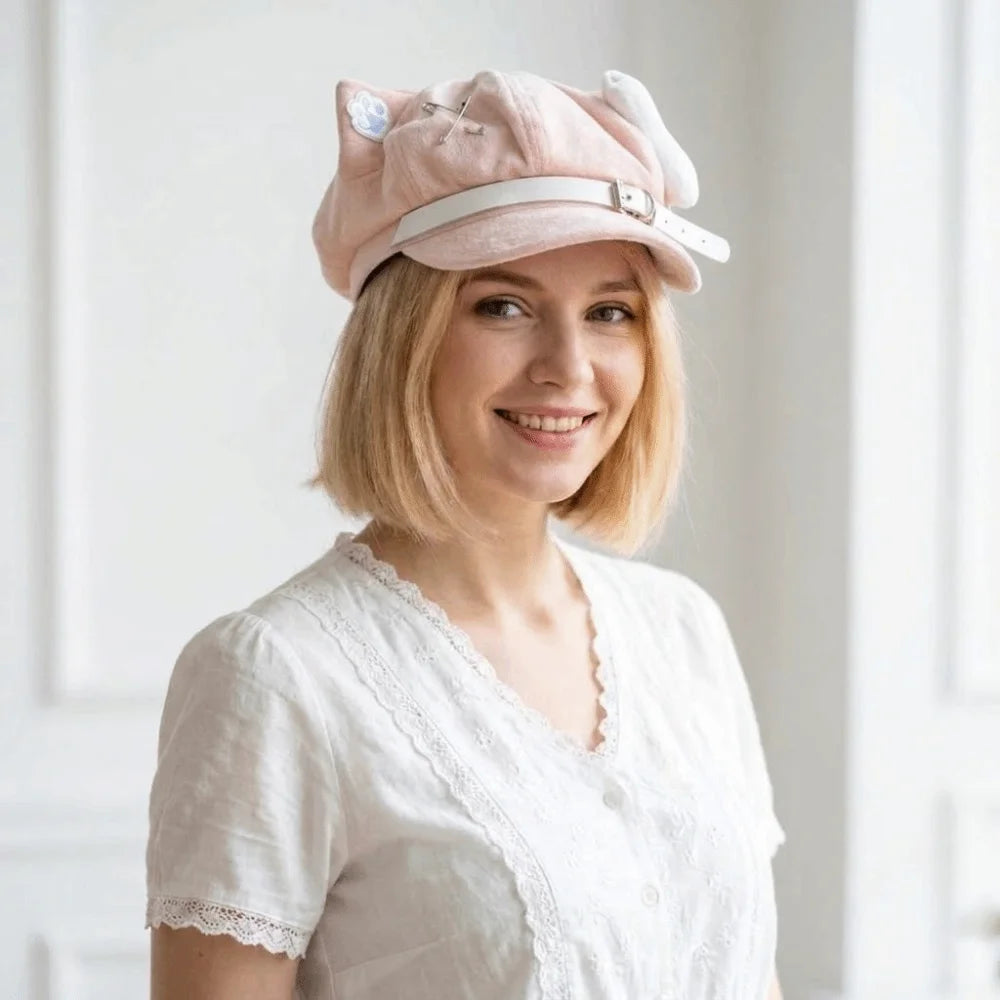 Cute Cat Ears Women's Beret Anime Cat Paw Pattern Newsboy Cap Japanese Style Sweet Baseball Cap Everyday Outfits