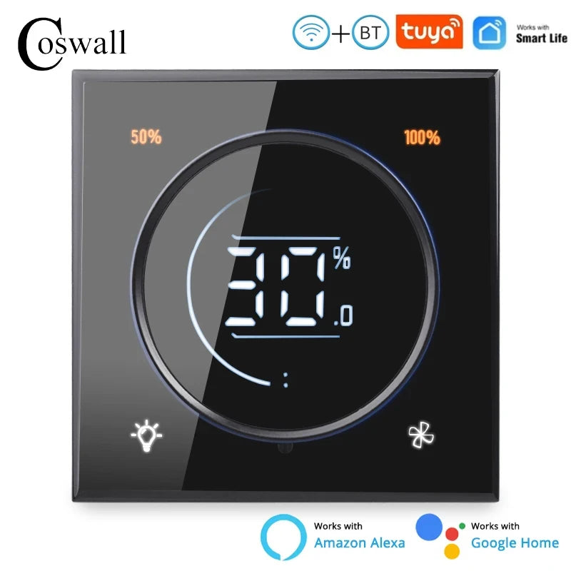 Glass Panel Wifi/Zigbee2MQTT Smart Light Switch With Knob Fan Controller 300W Max.  Digital LCD For Ceiling Fan Lamp