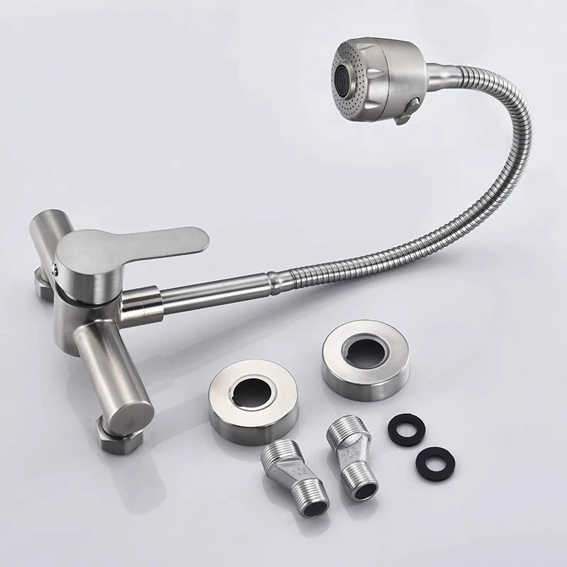 Wall Mount Kitchen Sink Faucet 304 Stainless Steel 2 Modes Hot and Cold Mixer Taps Double Hole Rotating Kitchen Faucets Brushed