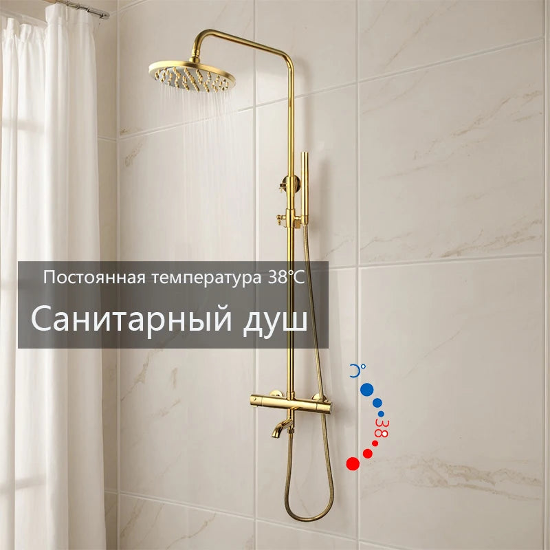 KEMAIDI Bathroom Thermostatic Bathtub Shower Faucet Golden Plated  Rainfall 3 Ways Shower Head Mixer Shower Faucets Set