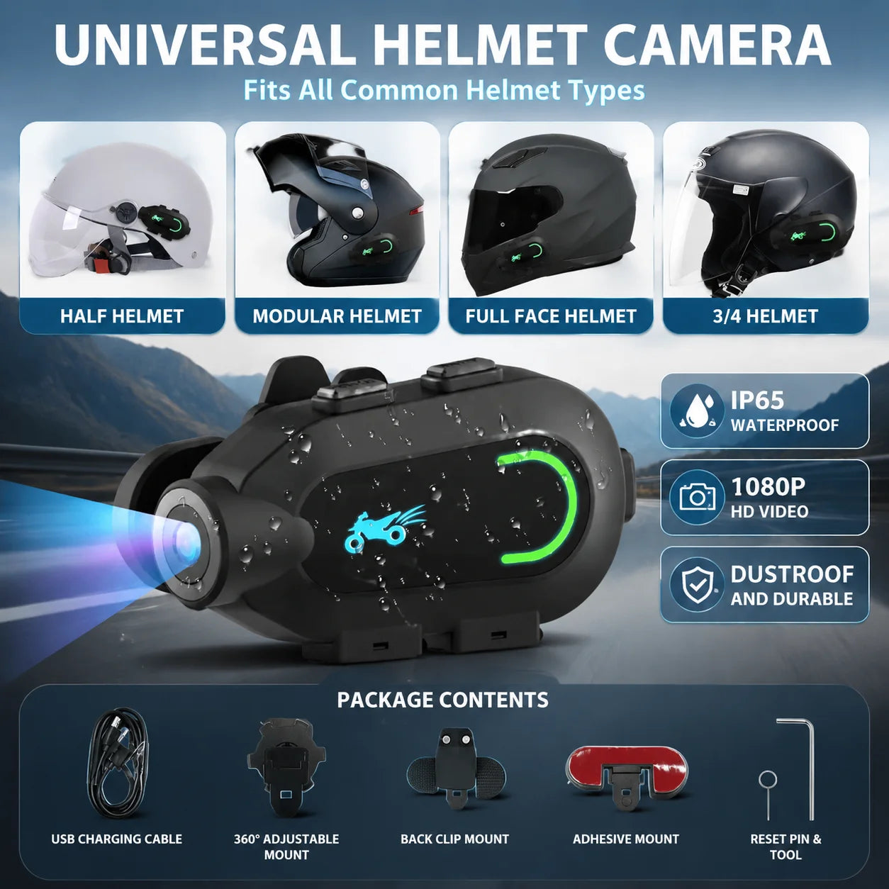 Action Camera - 1080P HD 30FPS Video, 9 Hour Battery, Waterproof, 300 Degree Rotating Lens, Streaming, Dashcam, Low Light Film.