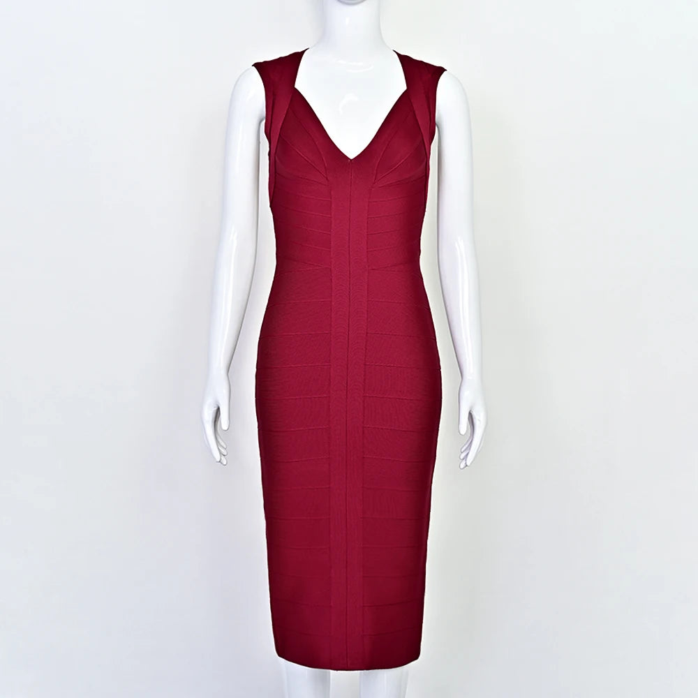 BEAUKEY Luxury Sexy Plunge V Bandage Long Dress Women Striped  Bodyocn  Party Celebrity Evening Dress Elastic Knitted Vestidos