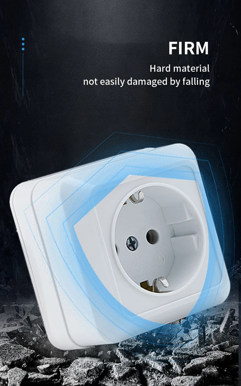 White Wall Mount Socket EU Standard Electrical Outlett Ground Vintage Surface Power Socket Plugs Flame Retardant Plastic