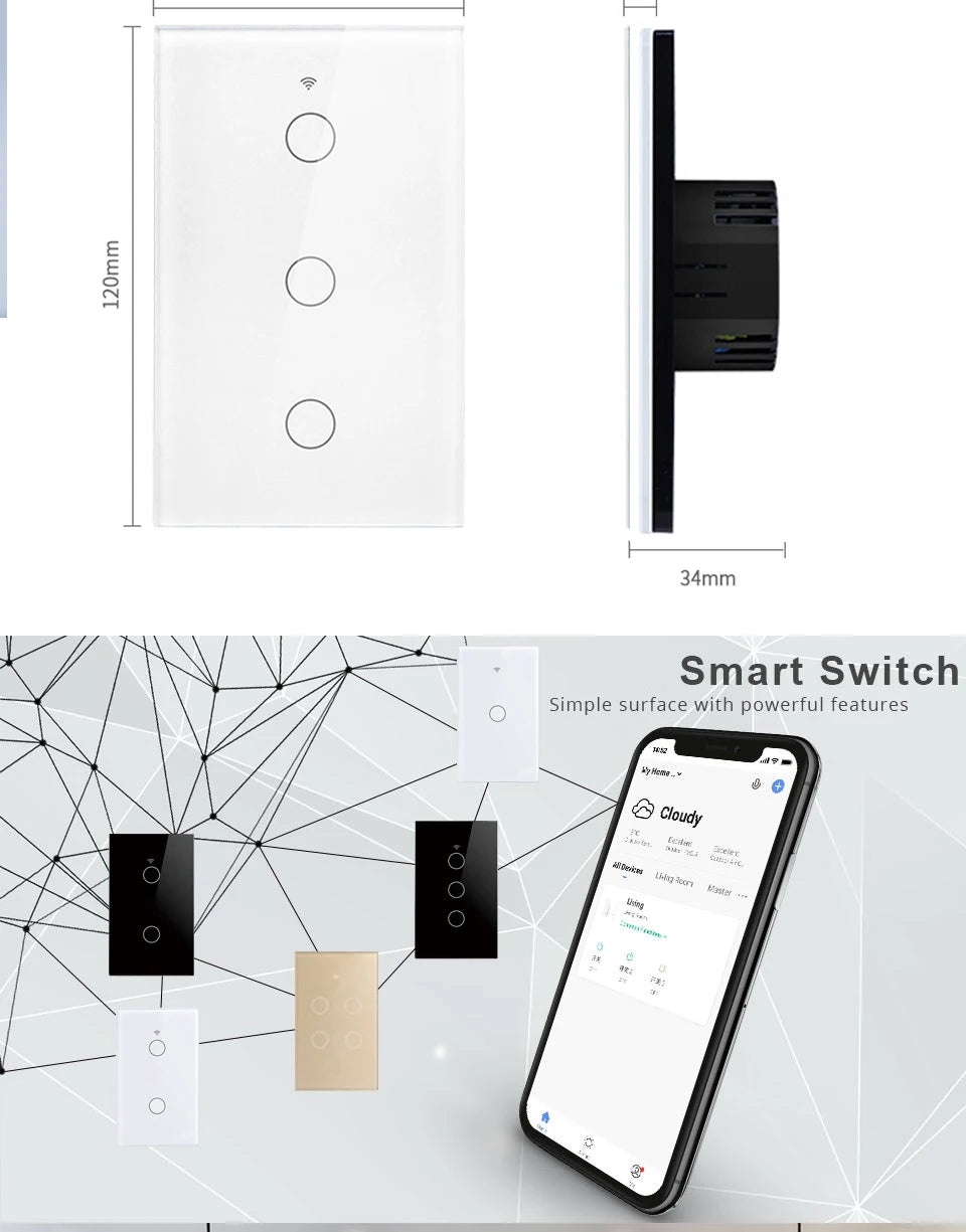 Tuya WiFi Smart Switch Works With Alexa With/Without Neutral Wire Touch Light Switch Wireless RF433 Wall Remote Voice Control
